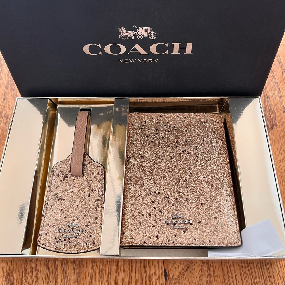 COACH Star Rose Gold Glitter Passport Case and Luggage Tag